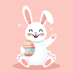 A flat vector illustration of a cheerful Easter bunny sitting with a happy expression, holding a colorful decorated egg in one paw while waving with the other. Bright, festive colors symbolize joy