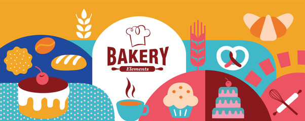 Geometric Bakery Background, icons and elements for 
poster, banner, cover design, restaurant cafe, food menu. Hand drawn illustration.
