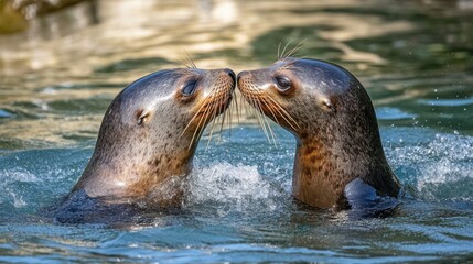 Fototapeta premium Two sea lions diving and playing in the ocean, their shiny bodies reflecting the sunlight as they glide through the water