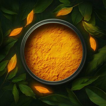 A clean design of a tin container filled with turmeric powder, framed by glowing leaves.