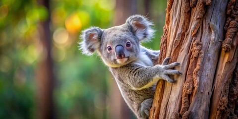 A young koala bear clings to a tree trunk, its soft fur highlighted by the warm sunlight filtering through the lush foliage.