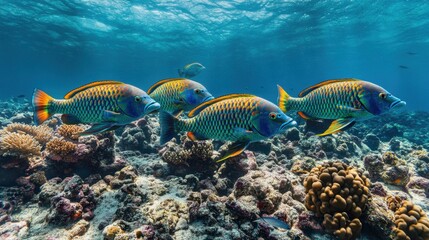 Obraz premium A vibrant school of parrotfish swimming near a coral reef, their bright colors contrasting beautifully with the surrounding underwater landscape