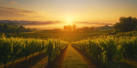 Sunrise Over a Vineyard with Lush Greenery for a Serene Countryside Scene