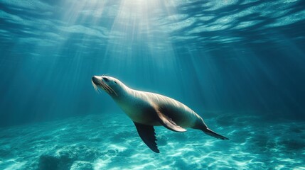 Obraz premium A sea lion swimming near the ocean's surface, its body slicing through the water with ease, while beams of sunlight pierce through the depths