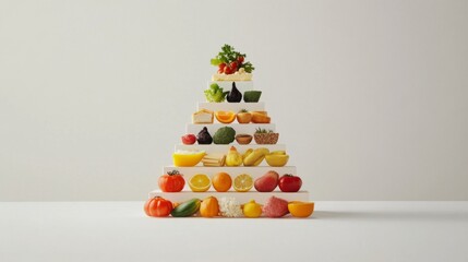 A clean, minimalistic food pyramid chart with neatly arranged food categories, emphasizing a balanced diet, set against a white, empty background.
