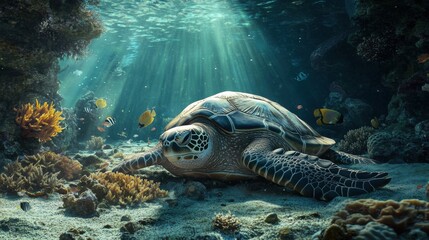 Fototapeta premium A serene moment captured underwater as a sea turtle floats through a rich coral ecosystem, with beams of sunlight breaking through the ocean surface
