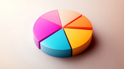 Obraz premium A colorful D pie chart with gradient sections, set against a light background, representing data distribution in an elegant manner.