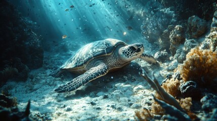 Obraz premium A stunning sea turtle navigating through a lively coral reef, its graceful movements illuminated by sunlight streaming through the clear, blue waters
