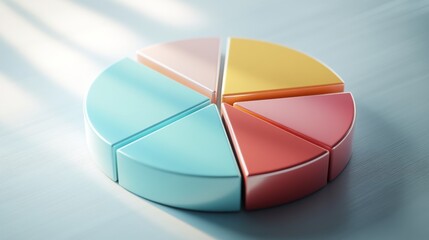Obraz premium A professional D pie chart with metallic-colored segments on a muted background, showcasing business-related data.