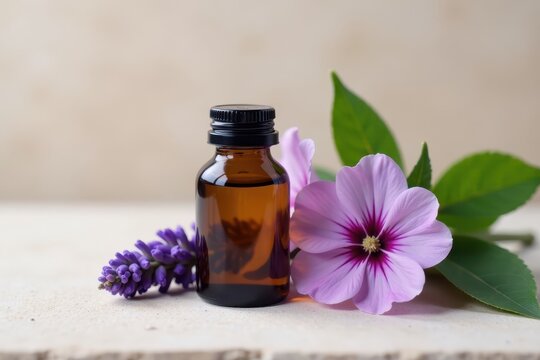 Amber bottle of lavender oil, fresh blooms on pale stone surface , stone table, beauty, image