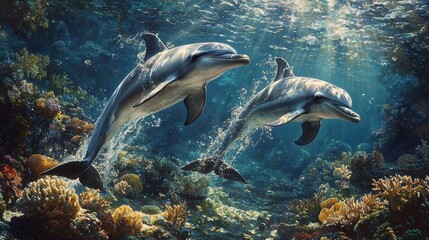 Graceful Dolphins Swimming Near a Coral Reef in Sunlit Waters