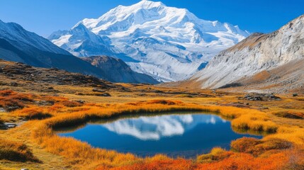 Fototapeta premium Majestic Mountain Landscape with Pristine Pond Reflecting Autumn Colors and Clear Blue Sky