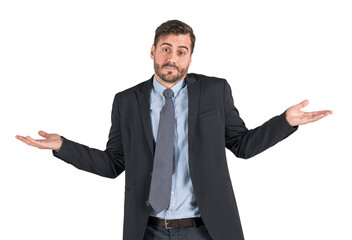 Man in formal suit shrugging with open hands, expressing confusion or uncertainty, isolated on...