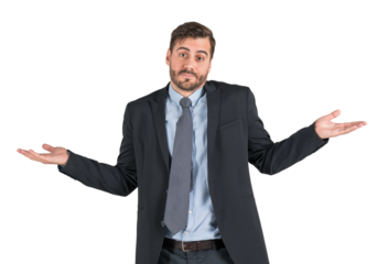 Man in formal suit shrugging with open hands, expressing confusion or uncertainty, isolated on white background. Concept of doubt, decision-making, or indifference