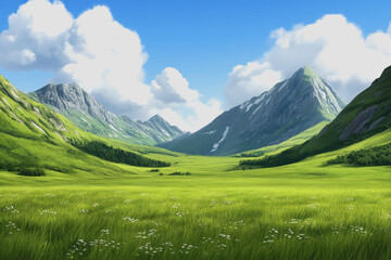 Obraz premium Majestic green valley surrounded by lush mountains creating an undiscovered place ideal for nature enthusiasts
