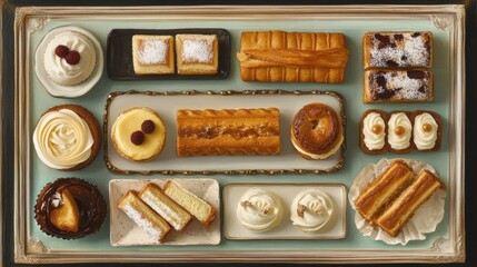 A top view of an array of decadent desserts, including layered cakes, clairs, and crme brle, arranged on a stylish dessert tray.