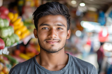 Fototapeta premium Portrait of a young man smiling in a vibrant market setting boy face male mood happy adult photo