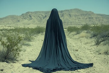 A figure shrouded in black fabric stands in the desert landscape