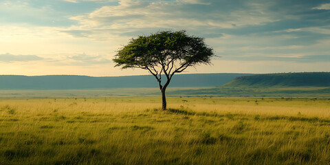 Obraz premium Lone Tree Standing in the Middle of an Endless Grassland for Minimalist Art, Nature Reflection, or Tranquil Landscape Projects