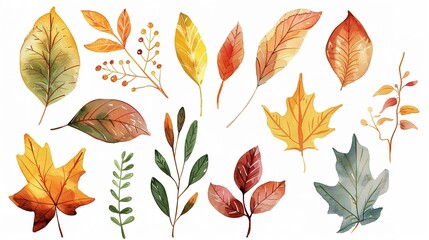 Fototapeta premium Beautiful autumn background featuring a watercolor brush texture, showcasing delicate hand-drawn watercolor flowers and botanical leaves. Evoking a sense of the fall season with artistic and natural 