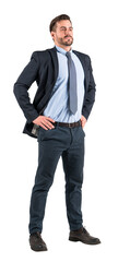 Confident man in business suit standing with hands on hips, looking forward. Isolated on white background. Concept of leadership and self-assurance