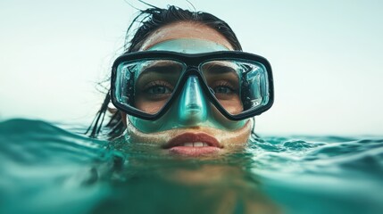 A woman with a snorkeling mask floating on the water’s surface, radiating calmness while captivating the viewer with her peaceful and introspective look above the tranquil sea.