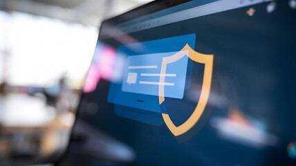 Close-up of a digital screen with a pop-up ad blocked by a shield icon, symbolizing ad-free browsing and online privacy protection in a modern workspace setting.