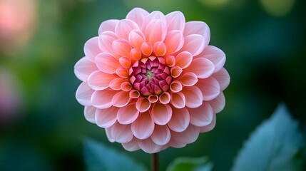 Fototapeta premium Symmetrical pink dahlia blooms in extreme macro focus showing coral-to-rose gradients against blurred greenery, capturing delicate petal textures through botanical photography with vivid colors. 