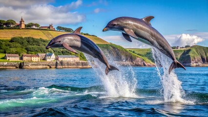 Obraz premium Oceanic Ballet Two Dolphins Leap Gracefully from the Waves, Against a Picturesque Coastal Backdrop