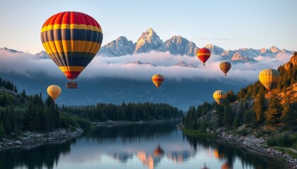 Fototapeta premium Serene Aerial View of Hot Air Balloons Soaring Over a Picturesque Mountain Lake at Dawn