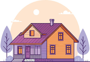  Vibrant Violet and Orange House – Modern Vector Illustration