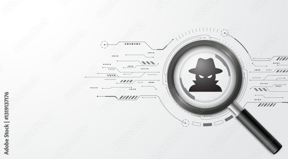 Aufkleber Concept of cyber security. Magnifying glass focuses a Hacker on the circuit board. Cyber attack and data hack. Dangers of internet theft, Modern futuristic design background. Vector illustration.