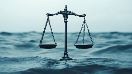 Surreal Floating Scale in the Middle of the Ocean, Representing Justice in an Ever-Changing World