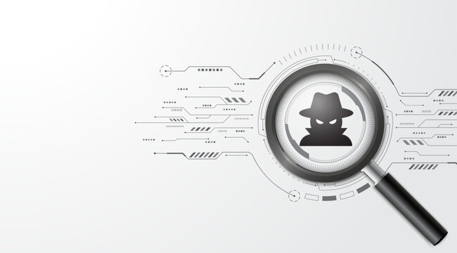 Concept of cyber security. Magnifying glass focuses a Hacker on the circuit board. Cyber attack and data hack. Dangers of internet theft, Modern futuristic design background. Vector illustration.