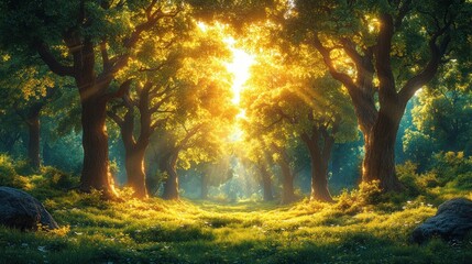 Obraz premium Sunlight streams through a lush forest