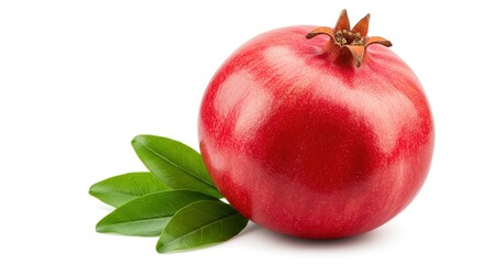 Ripe Pomegranate with Leaves on White Background