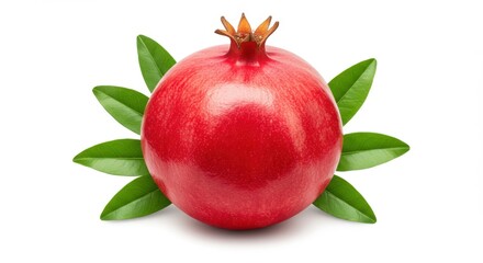 Single Ripe Pomegranate with Leaves on White Background