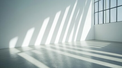 Obraz premium Sunlight streams through large window, empty modern interior. Possible use Stock photo for architecture, design, or commercial real estate