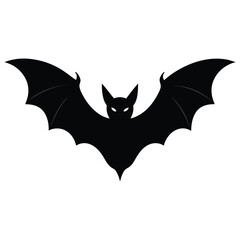 Black Silhouette of Flying Bat with Spread Wings on White Background