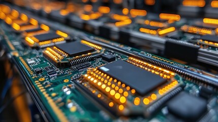 Close-up of electronic circuit boards with illuminated components