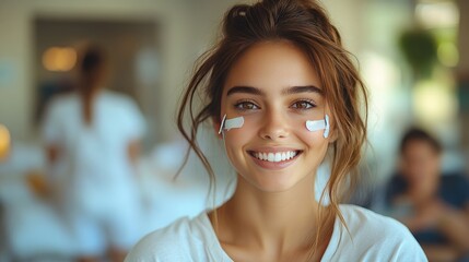 A smiling woman with long, dark hair shows her bare arm, revealing a decorative Band-Aid on her shoulder.