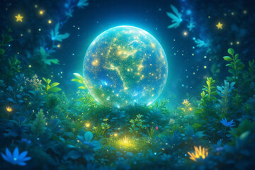 Green glowing planet earth - Harmony of nature , green planet , sustain environment