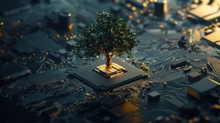 A small eco tree thrives from a chip on a circuit board, blending nature and technology in harmony