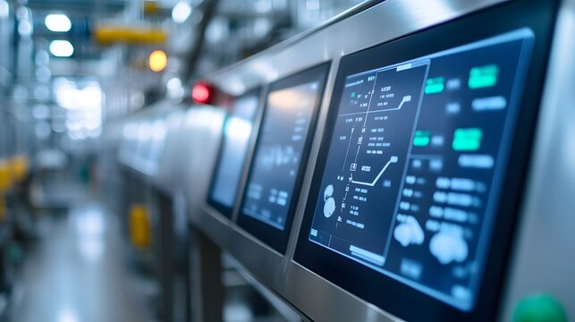 Sleek Digital Dashboards Monitoring Modern Food Manufacturing Plant