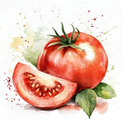 Watercolor painting of a ripe red tomato and a slice, with green leaves and colorful watercolor splatters on a white background