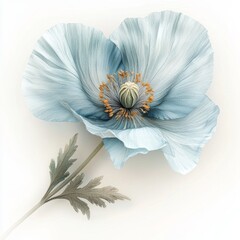 Close up of a single light blue poppy flower with delicate gray green foliage against a white background. Soft lighting creates a serene atmosphere