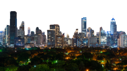 Bangkok skyline at night with illuminated skyscrapers and lush park in foreground, isolated on white background. Urban cityscape concept