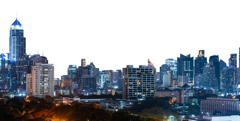 Bangkok city skyline featuring illuminated skyscrapers and modern architecture against a white background. A vibrant urban nightscape of Thailand
