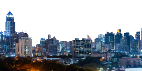 Bangkok city skyline featuring illuminated skyscrapers and modern architecture against a white background. A vibrant urban nightscape of Thailand