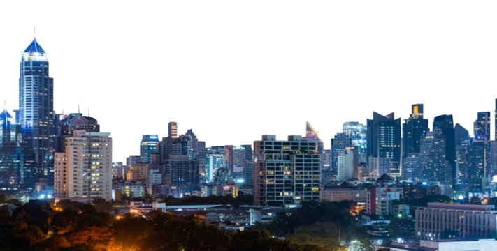 Bangkok city skyline featuring illuminated skyscrapers and modern architecture against a white background. A vibrant urban nightscape of Thailand